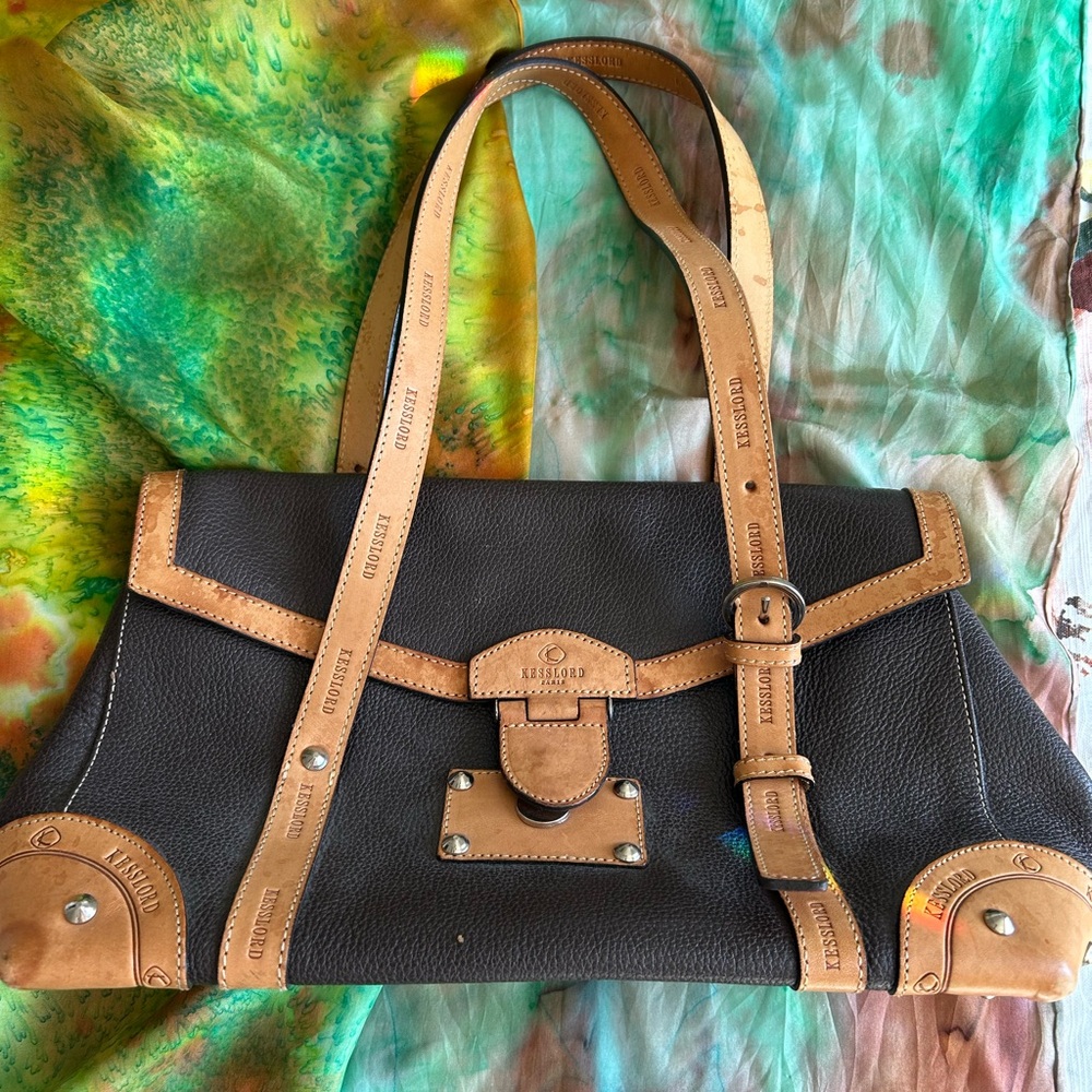 Two-Tone Pebbled Leather Satchel in Dark Brown and Tan